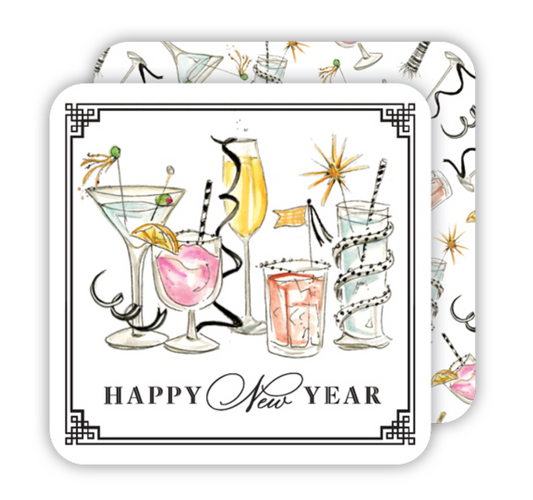 HANDPAINTED HAPPY NEW YEAR FESTIVE COCKTAILS SQUARE COASTER