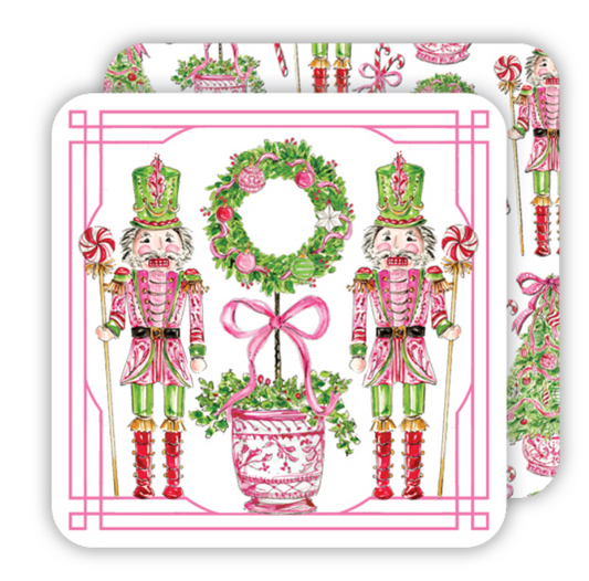 HANDPAINTED PINK PEPPERMINT NUTCRACKERS WITH TOPIARY SQUARE COASTER