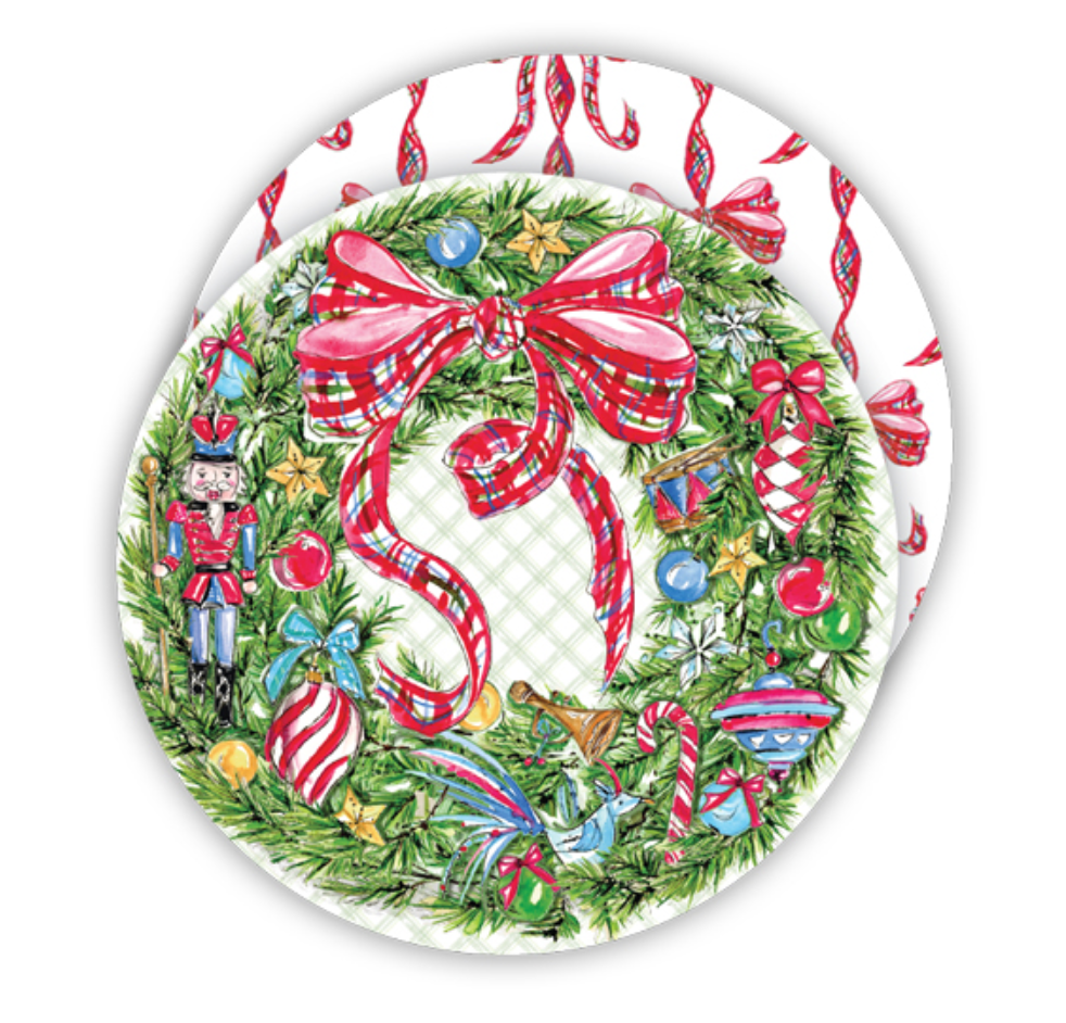 HANDPAINTED CHRISTMAS WREATH WITH PLAID BOW ROUND COASTER