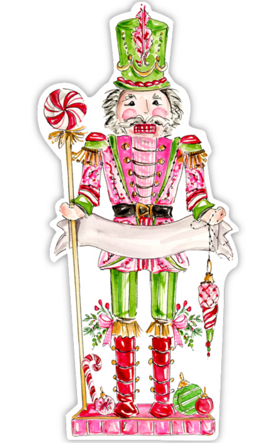 HANDPAINTED PINK PEPPERMINT NUTCRACKER WITH BANNER DIE-CUT ACCENTS