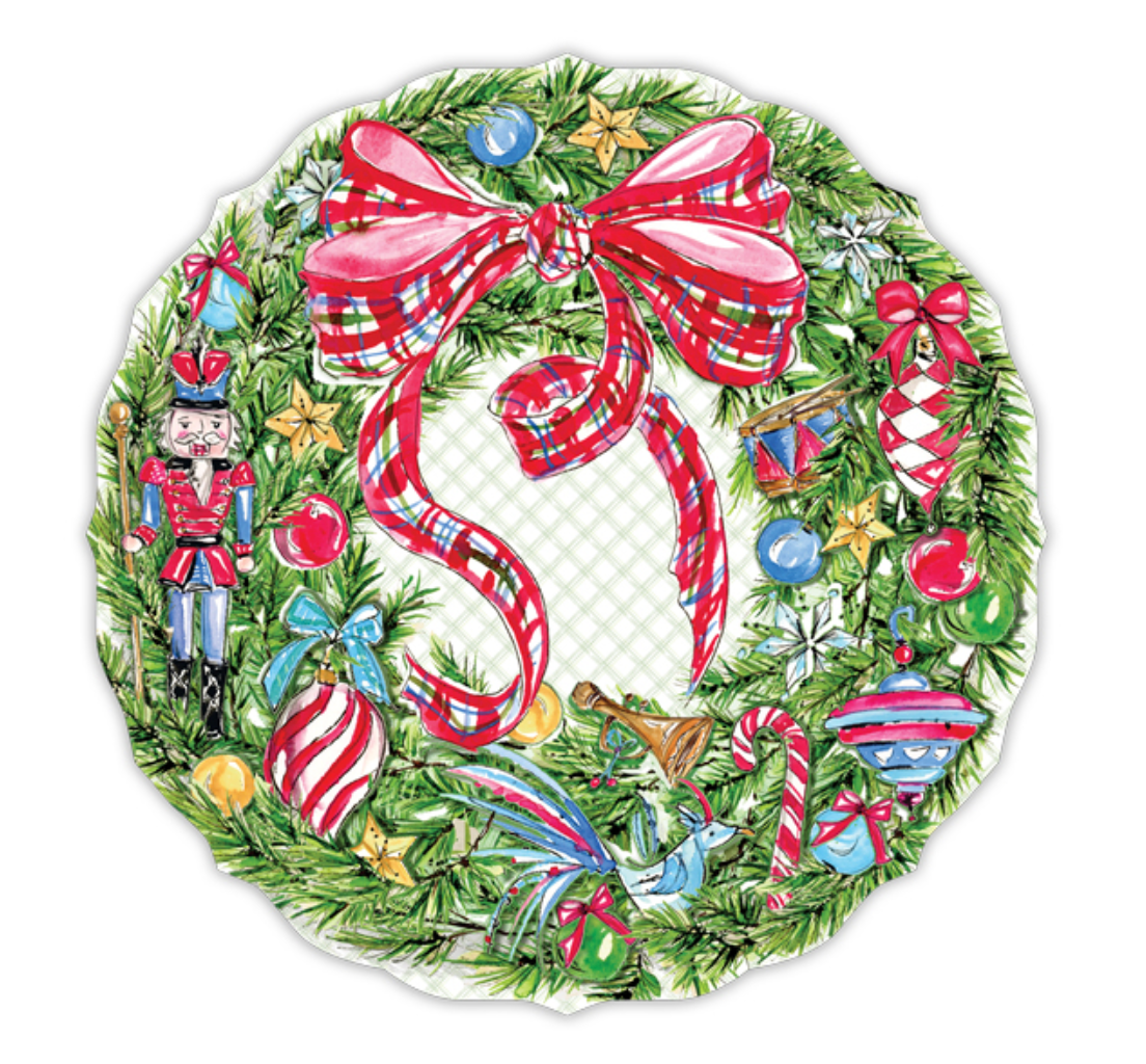 HANDPAINTED CHRISTMAS WREATH WITH PLAID BOW POSH DIE-CUT PLACEMAT